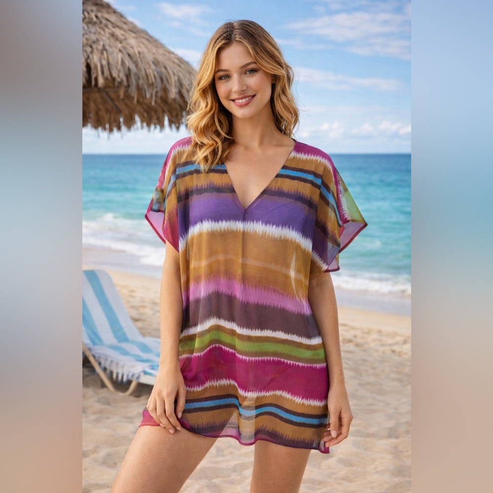 Show Me Your MuMu Striped V-Neck Sheer Tunic Cover Up Size Small / Medium